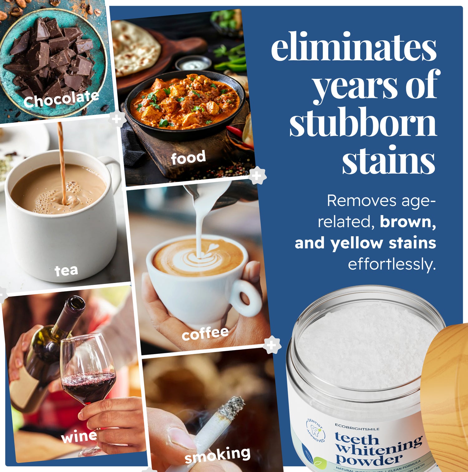 Images of chocolate, tea, food, coffee, wine, and cigarette next to teeth whitening powder, illustrating common stain sources