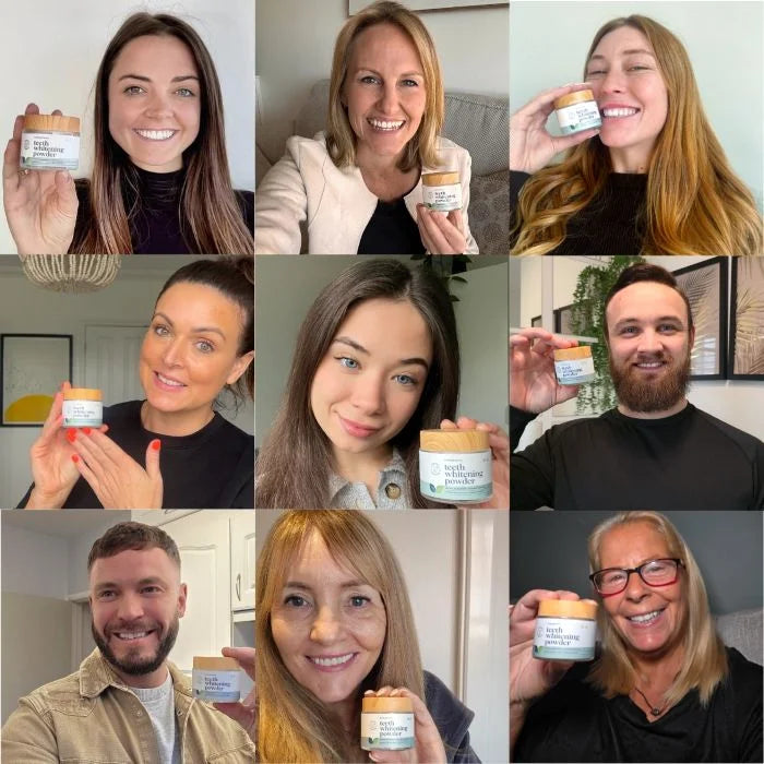 Collage of people holding and showing a jar of the ecobright smile teeth whitening powder