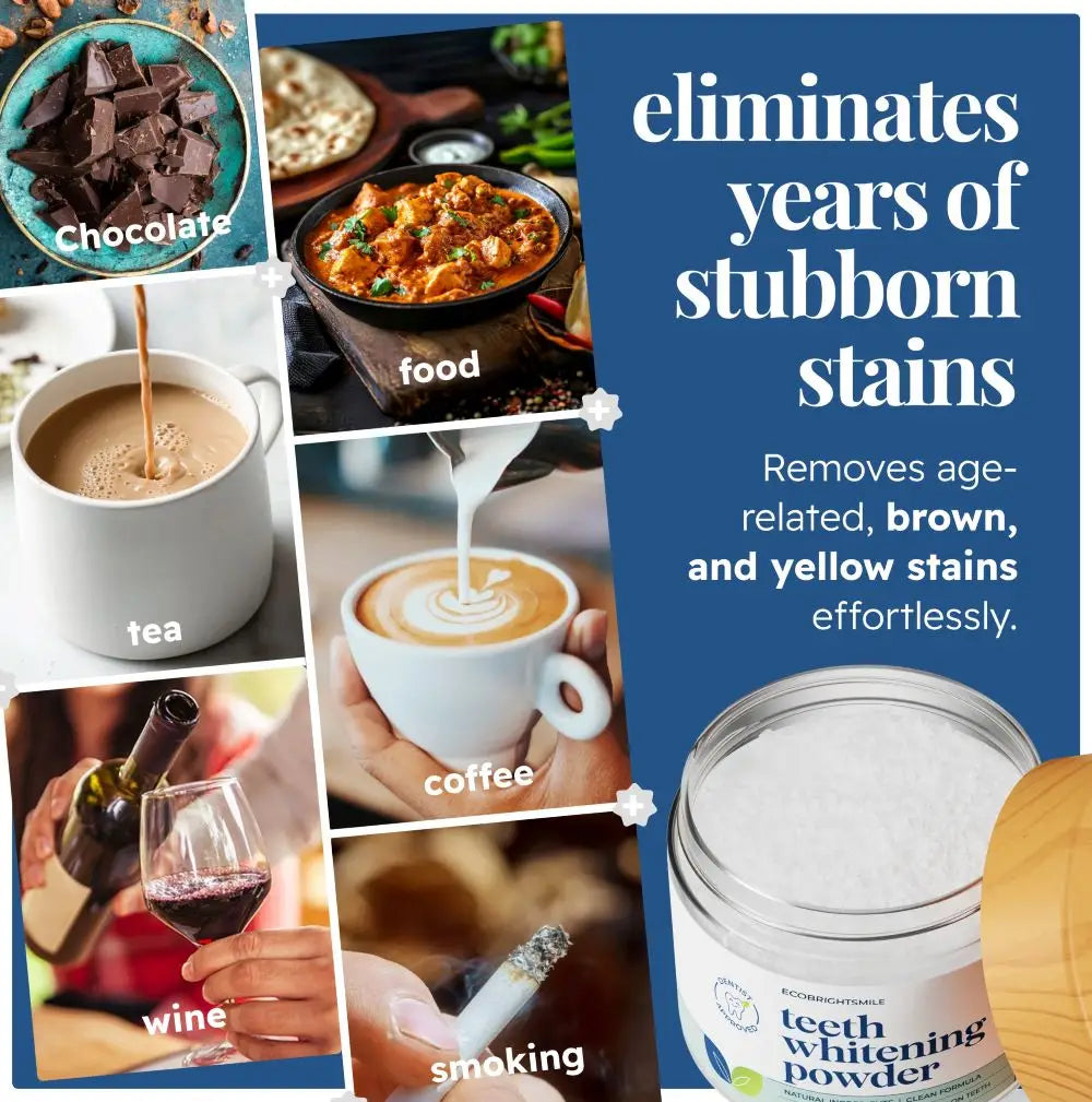 ecobrightsmile Teeth whitening powder product with images of stained items like chocolate, food, coffee, wine, and smoking.