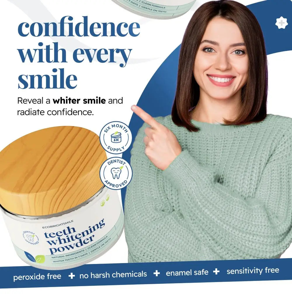 Advertisement for the eco bright smile teeth whitening powder with a woman pointing to it, featuring text about confidence and product benefits.