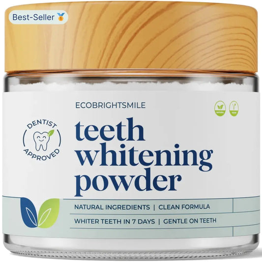 Jar of ecobrightsmile teeth whitening powder with wooden lid on a white background