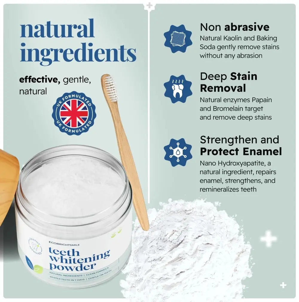 Eco Bright Smile Teeth whitening powder with a wooden spoon and packaging highlighting natural ingredients and benefits.