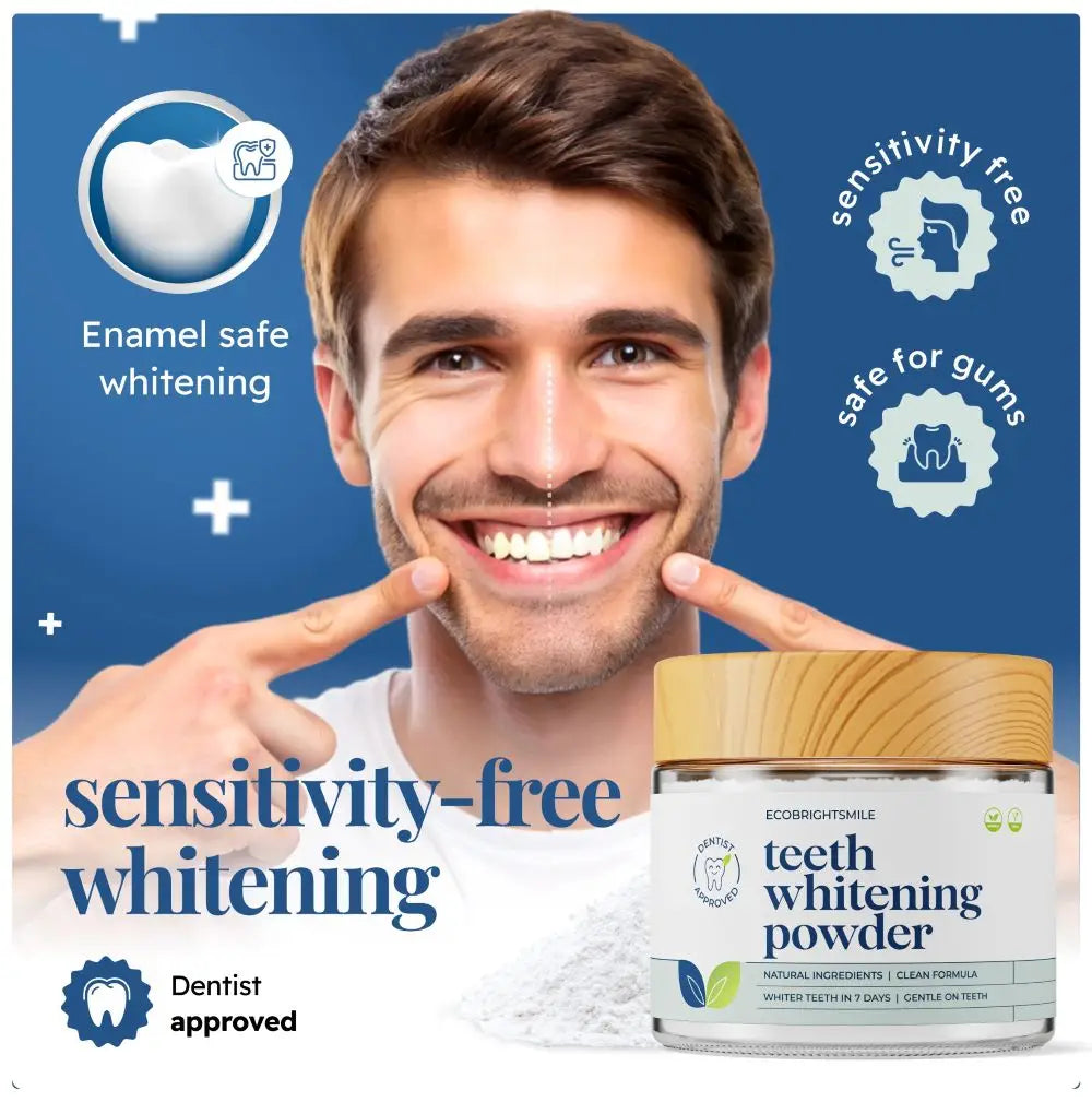 Man pointing to his smile with the eco brightsmile teeth whitening powder packaging on a blue background