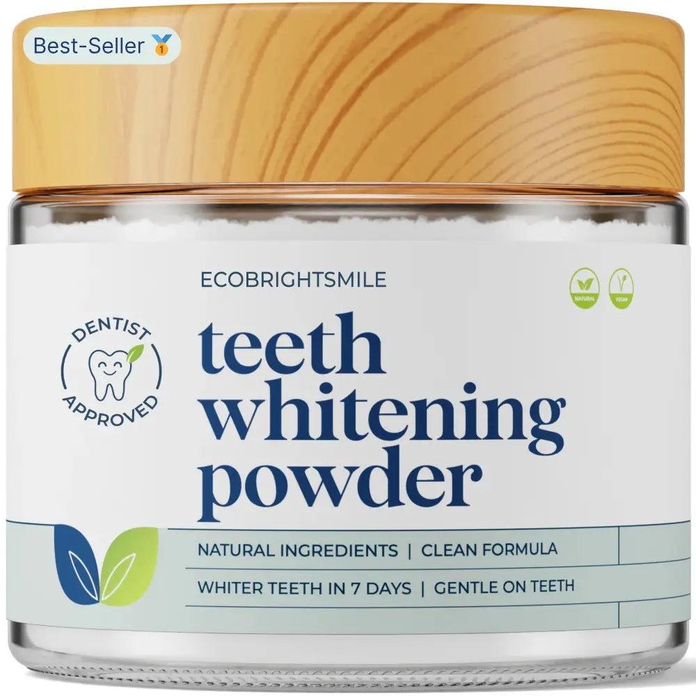 EcoBrightSmile teeth whitening powder in glass jar with bamboo lid, dentist approved, natural and vegan