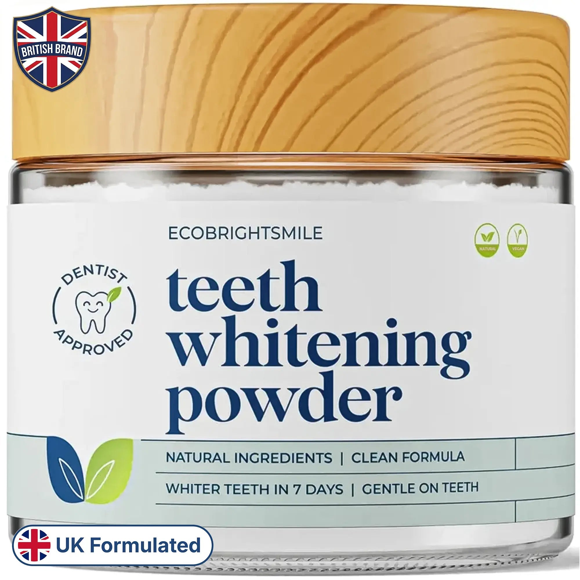 EcoBrightSmile teeth whitening powder in glass jar with bamboo lid, dentist approved, natural and vegan
