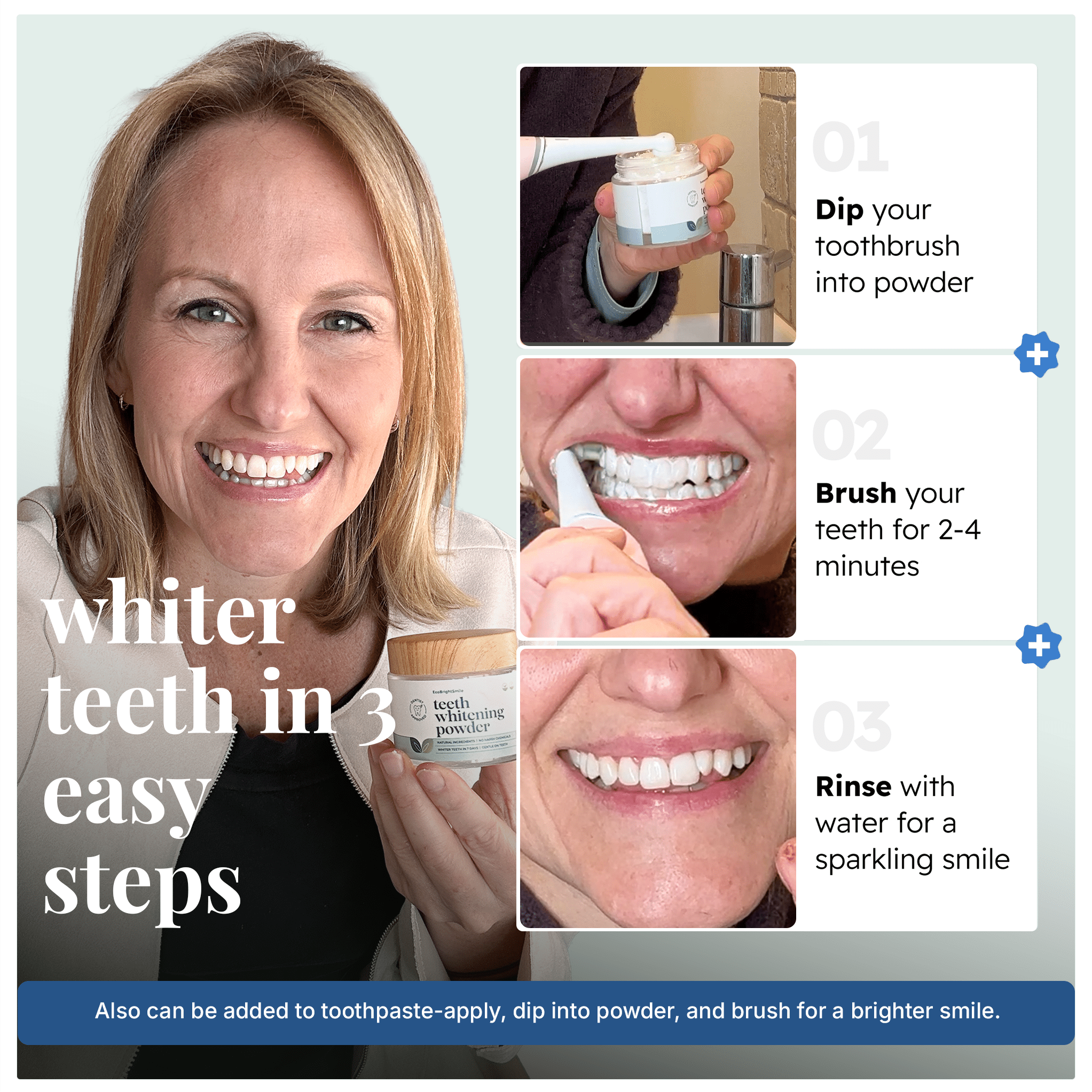 How to use EcoBrightSmile teeth whitening powder in 3 steps: dip, brush, rinse