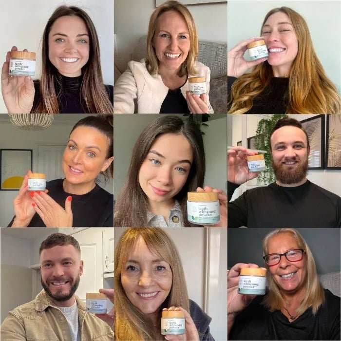 Real customers holding EcoBrightSmile teeth whitening powder jars, verified reviews