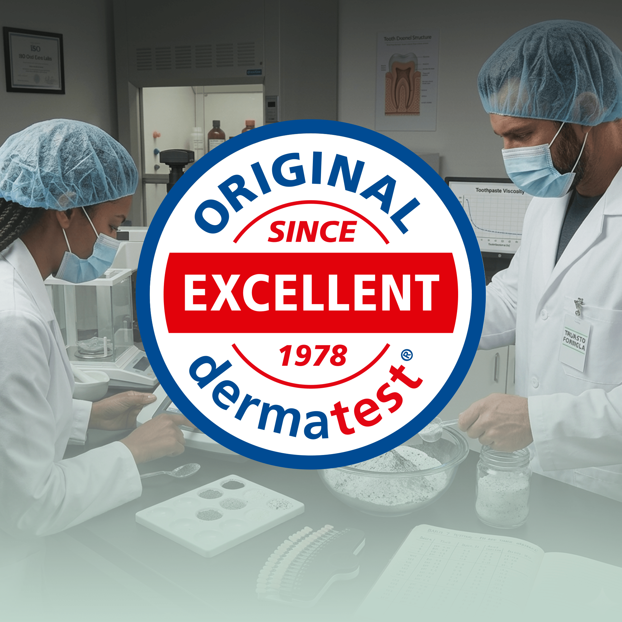 EcoBrightSmile teeth whitening powder formulated in lab, Dermatest excellent rating
