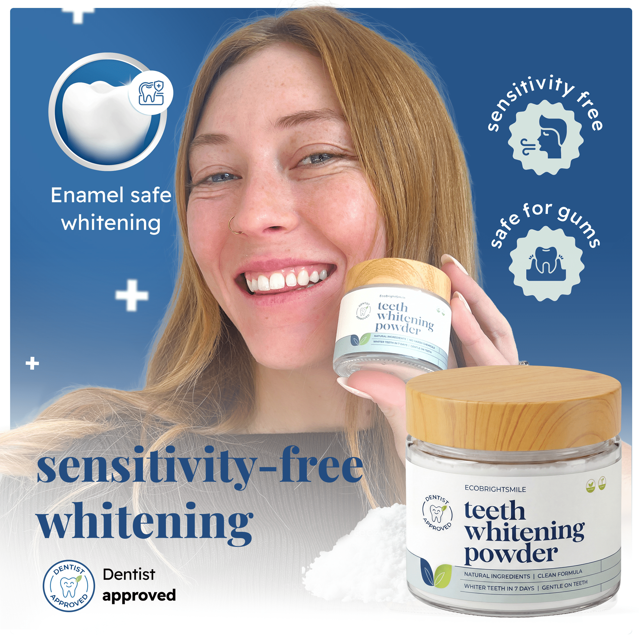 Woman showing sensitivity-free, enamel-safe teeth whitening results using EcoBrightSmile powder