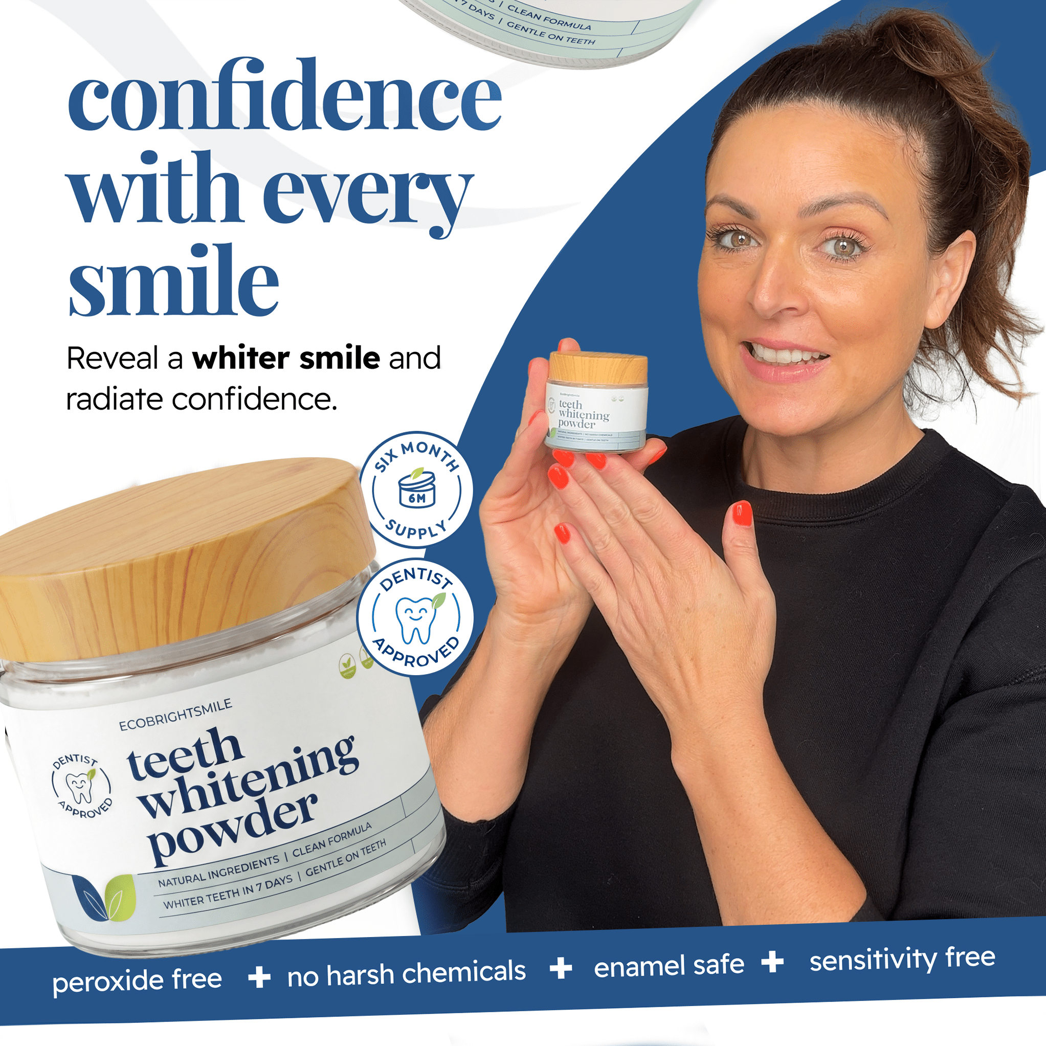 Woman with a bright white smile using EcoBrightSmile teeth whitening powder, six month supply, dentist approved