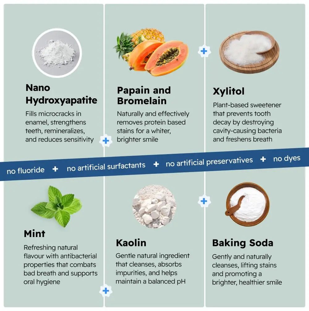 EcoBrightSmile teeth whitening powder natural ingredients: nano hydroxyapatite, papain, bromelain, xylitol, mint