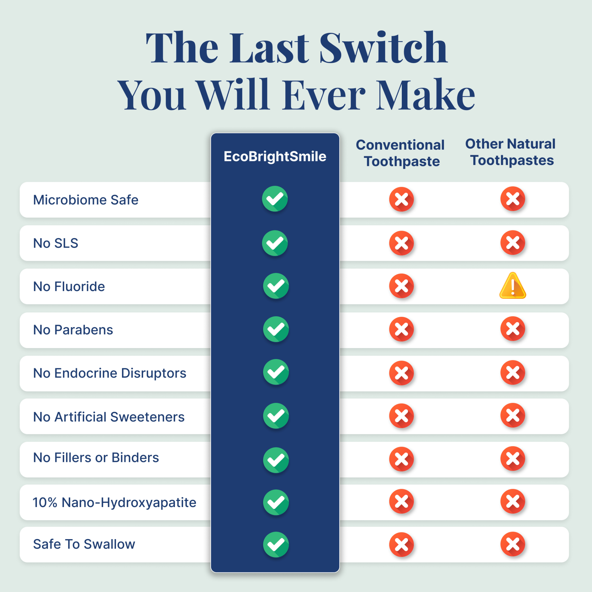 Comparison table: EcoBrightSmile vs conventional and natural toothpastes across nine ingredient/safety criteria.