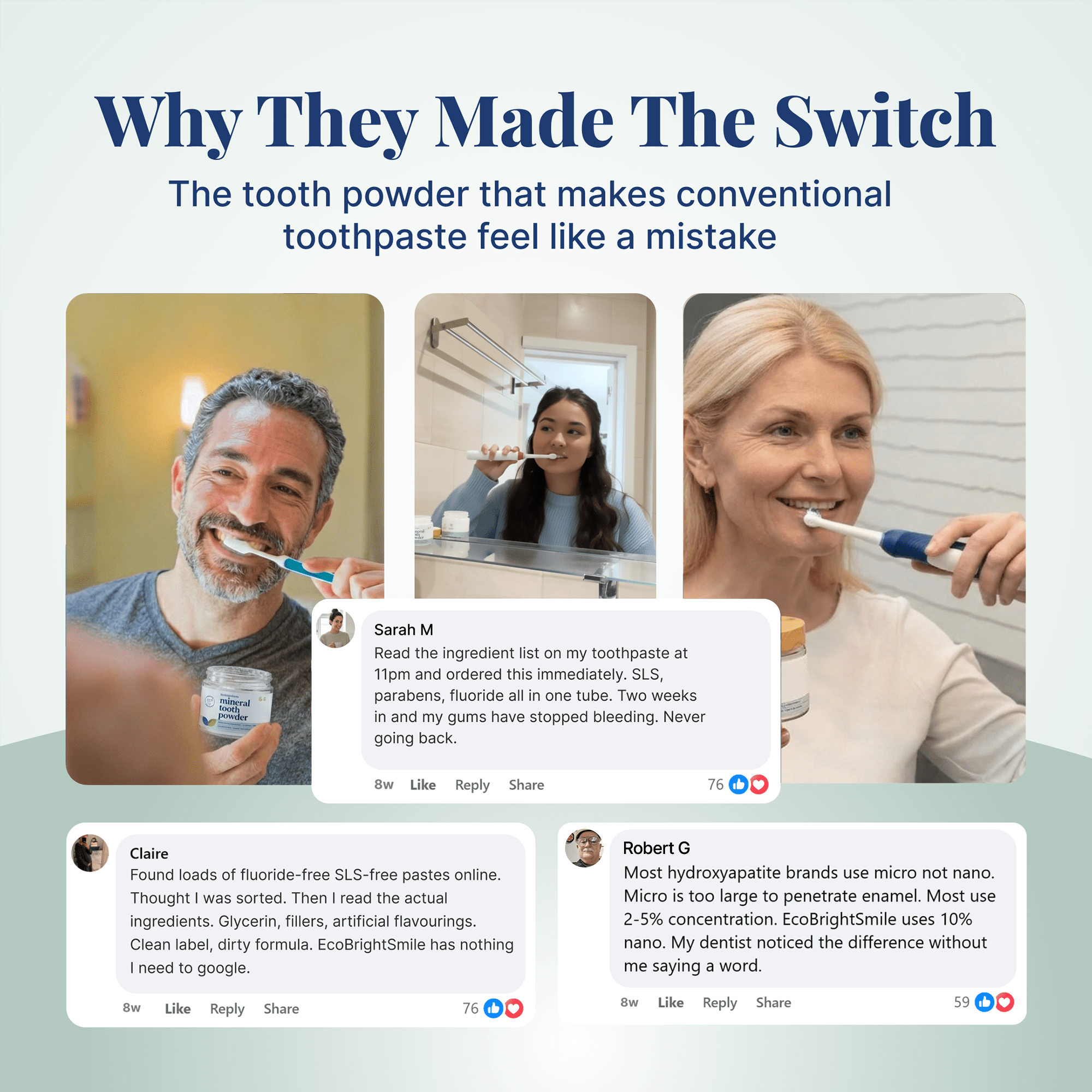 Testimonial page with people brushing teeth and three customer comments about switching to mineral tooth powder.